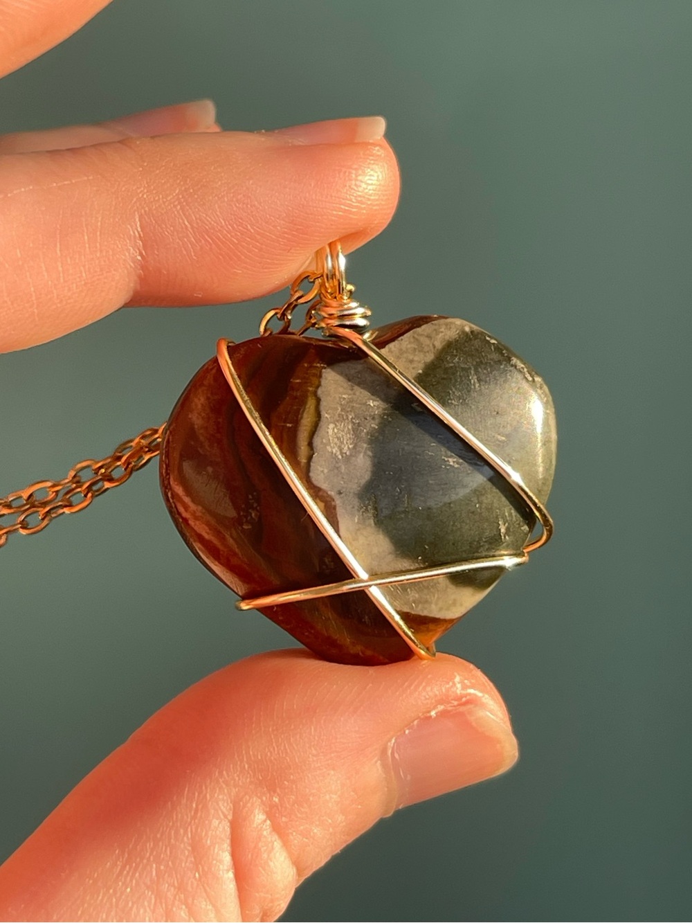 Polychrome Jasper Heart Necklace Gold Red Green